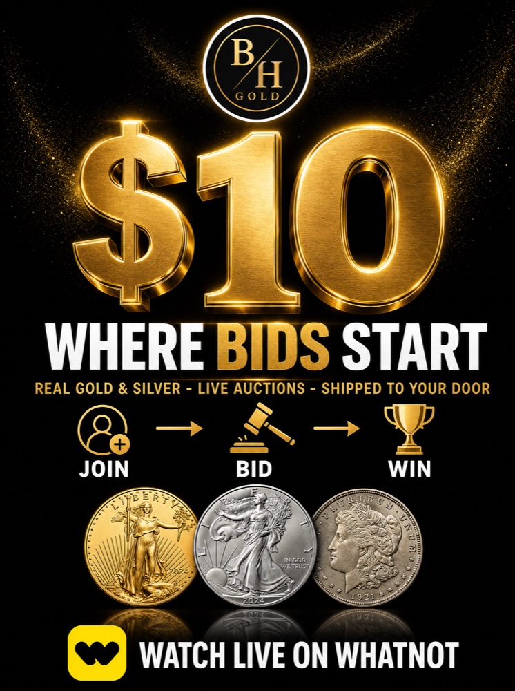 Bids start at $10 — live precious metals auctions